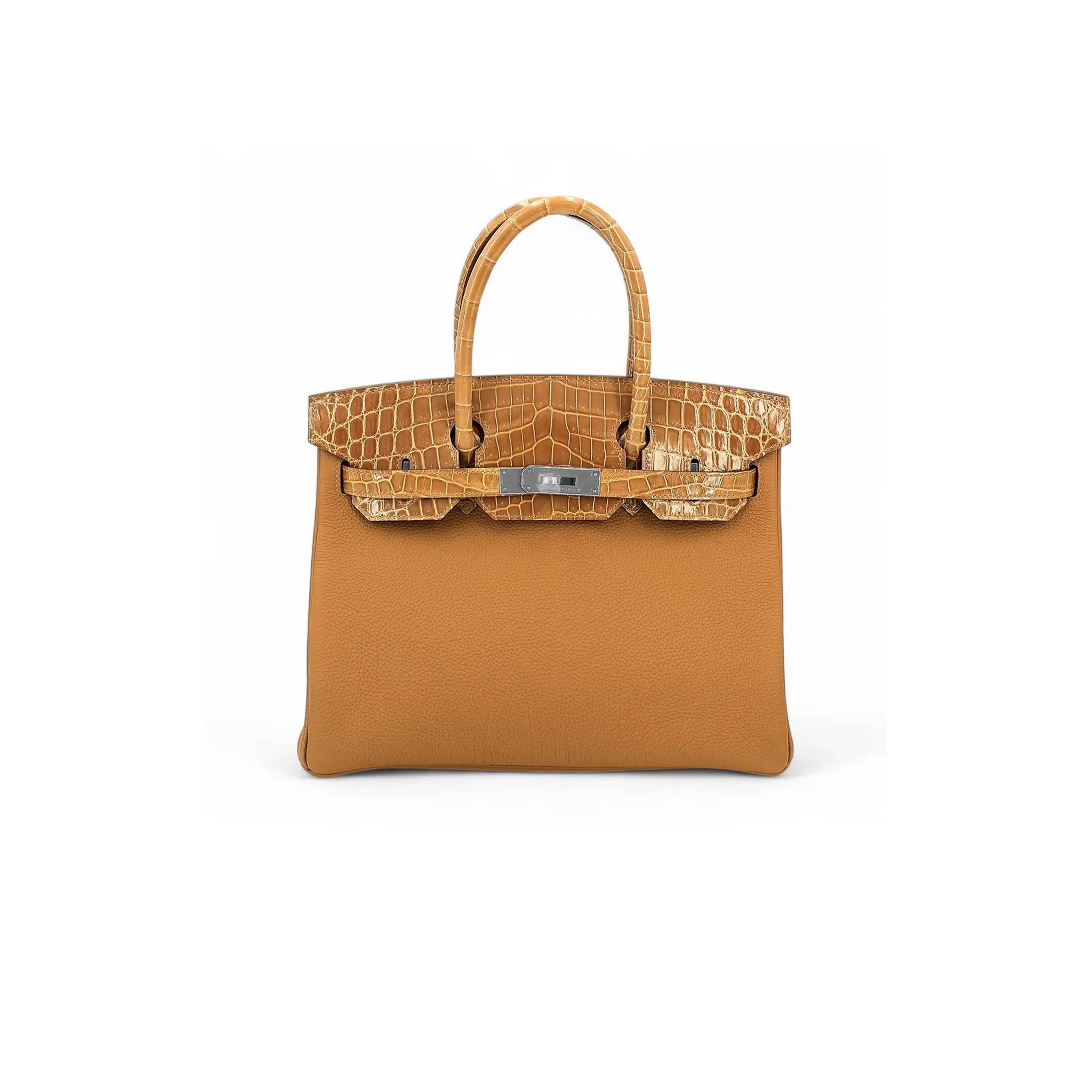 HERMÈS MASTER BIRKIN 25 CROCODILE AND TOGO LEATHER GOLDEN BROWN SILVER BUCKLE H076216CK44 (25*20*13cm)